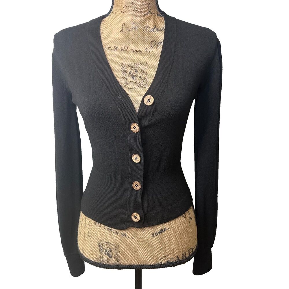 Olla Pareg Black Knit Cardigan V Neck Wood Buttons Fitted Long Sleeve Sz 42/6